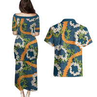Aloha Festive Hawaii Couples Matching Puletasi and Hawaiian Shirt Mokihana - Maile and Ilima on Navy Blue - Polynesian Pride