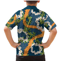 Aloha Festive Hawaii Family Matching Mermaid Dress and Hawaiian Shirt Mokihana - Maile and Ilima on Navy Blue - Polynesian Pride