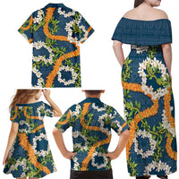 Aloha Festive Hawaii Family Matching Off Shoulder Maxi Dress and Hawaiian Shirt Mokihana - Maile and Ilima on Navy Blue - Polynesian Pride