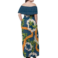Aloha Festive Hawaii Off Shoulder Maxi Dress Mokihana - Maile and Ilima on Navy Blue - Polynesian Pride