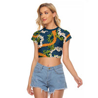 Aloha Festive Hawaii Raglan Cropped T Shirt Mokihana - Maile and Ilima on Navy Blue - Polynesian Pride