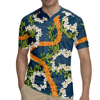 Aloha Festive Hawaii Rugby Jersey Mokihana - Maile and Ilima on Navy Blue - Polynesian Pride