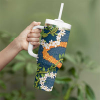 Aloha Festive Hawaii Tumbler With Handle Mokihana - Maile and Ilima on Navy Blue - Polynesian Pride