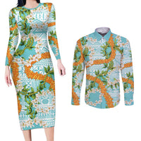 Aloha Festive Hawaii Couples Matching Long Sleeve Bodycon Dress and Long Sleeve Button Shirt Mokihana - Maile and Ilima on Turquoise - Polynesian Pride