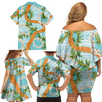 Aloha Festive Hawaii Family Matching Off Shoulder Short Dress and Hawaiian Shirt Mokihana - Maile and Ilima on Turquoise - Polynesian Pride