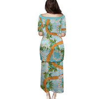 Aloha Festive Hawaii Family Matching Puletasi and Hawaiian Shirt Mokihana - Maile and Ilima on Turquoise - Polynesian Pride