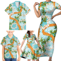 Aloha Festive Hawaii Family Matching Short Sleeve Bodycon Dress and Hawaiian Shirt Mokihana - Maile and Ilima on Turquoise - Polynesian Pride
