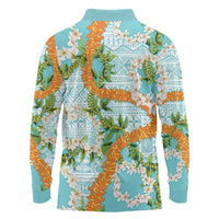 Aloha Festive Hawaii Long Sleeve Polo Shirt Mokihana - Maile and Ilima on Turquoise - Polynesian Pride