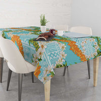 Aloha Festive Hawaii Tablecloth Mokihana - Maile and Ilima on Turquoise - Polynesian Pride