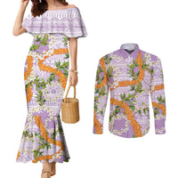 Aloha Festive Hawaii Couples Matching Mermaid Dress and Long Sleeve Button Shirt Mokihana - Maile and Ilima on Lilac - Polynesian Pride