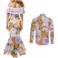 Aloha Festive Hawaii Couples Matching Mermaid Dress and Long Sleeve Button Shirt Mokihana - Maile and Ilima on Lilac - Polynesian Pride