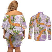 Aloha Festive Hawaii Couples Matching Off Shoulder Short Dress and Long Sleeve Button Shirt Mokihana - Maile and Ilima on Lilac - Polynesian Pride