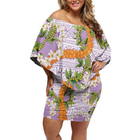 Aloha Festive Hawaii Off Shoulder Short Dress Mokihana - Maile and Ilima on Lilac - Polynesian Pride