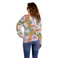 Aloha Festive Hawaii Off Shoulder Sweater Mokihana - Maile and Ilima on Lilac - Polynesian Pride