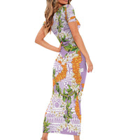 Aloha Festive Hawaii Short Sleeve Bodycon Dress Mokihana - Maile and Ilima on Lilac - Polynesian Pride