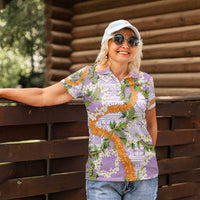 Aloha Festive Hawaii Women Polo Shirt Mokihana - Maile and Ilima on Lilac - Polynesian Pride