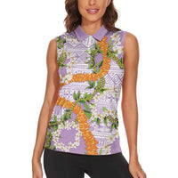 Aloha Festive Hawaii Women Sleeveless Polo Shirt Mokihana - Maile and Ilima on Lilac - Polynesian Pride