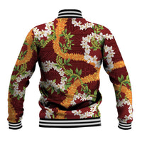 Aloha Festive Hawaii Baseball Jacket Mokihana - Maile and Ilima on Crimson - Polynesian Pride