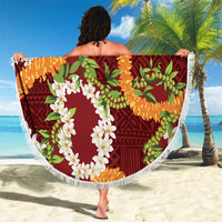 Aloha Festive Hawaii Beach Blanket Mokihana - Maile and Ilima on Crimson - Polynesian Pride