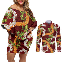 Aloha Festive Hawaii Couples Matching Off Shoulder Short Dress and Long Sleeve Button Shirt Mokihana - Maile and Ilima on Crimson - Polynesian Pride