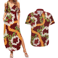 Aloha Festive Hawaii Couples Matching Summer Maxi Dress and Hawaiian Shirt Mokihana - Maile and Ilima on Crimson - Polynesian Pride