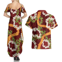 Aloha Festive Hawaii Couples Matching Summer Maxi Dress and Hawaiian Shirt Mokihana - Maile and Ilima on Crimson - Polynesian Pride