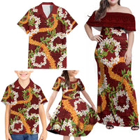 Aloha Festive Hawaii Family Matching Off Shoulder Maxi Dress and Hawaiian Shirt Mokihana - Maile and Ilima on Crimson - Polynesian Pride