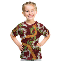 Aloha Festive Hawaii Kid T Shirt Mokihana - Maile and Ilima on Crimson - Polynesian Pride