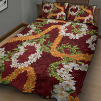 Aloha Festive Hawaii Quilt Bed Set Mokihana - Maile and Ilima on Crimson - Polynesian Pride