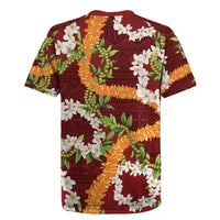 Aloha Festive Hawaii Rugby Jersey Mokihana - Maile and Ilima on Crimson - Polynesian Pride