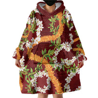 Aloha Festive Hawaii Wearable Blanket Hoodie Mokihana - Maile and Ilima on Crimson - Polynesian Pride