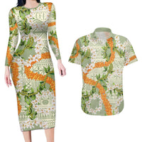 Aloha Festive Hawaii Couples Matching Long Sleeve Bodycon Dress and Hawaiian Shirt Mokihana - Maile Leis in Muted Summer - Polynesian Pride