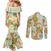 Aloha Festive Hawaii Couples Matching Mermaid Dress and Long Sleeve Button Shirt Mokihana - Maile Leis in Muted Summer - Polynesian Pride