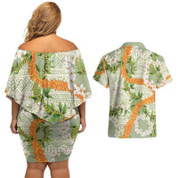Aloha Festive Hawaii Couples Matching Off Shoulder Short Dress and Hawaiian Shirt Mokihana - Maile Leis in Muted Summer - Polynesian Pride