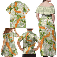 Aloha Festive Hawaii Family Matching Off Shoulder Maxi Dress and Hawaiian Shirt Mokihana - Maile Leis in Muted Summer - Polynesian Pride