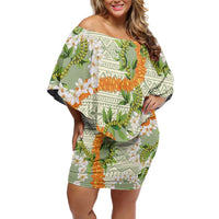Aloha Festive Hawaii Family Matching Off Shoulder Short Dress and Hawaiian Shirt Mokihana - Maile Leis in Muted Summer - Polynesian Pride