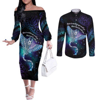Polynesian Tala Manta Ray Couples Matching Off The Shoulder Long Sleeve Dress and Long Sleeve Button Shirt Nowhere You Could Go That I Won't Be With You LT7 Purple Teal - Polynesian Pride