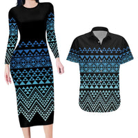 Maori Niho Taniwha Te Wheiao Couples Matching Long Sleeve Bodycon Dress and Hawaiian Shirt Moana Blue - Polynesian Pride