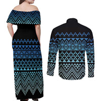 Maori Niho Taniwha Te Wheiao Couples Matching Off Shoulder Maxi Dress and Long Sleeve Button Shirt Moana Blue - Polynesian Pride