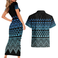 Maori Niho Taniwha Te Wheiao Couples Matching Short Sleeve Bodycon Dress and Hawaiian Shirt Moana Blue - Polynesian Pride