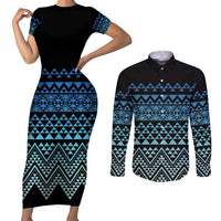 Maori Niho Taniwha Te Wheiao Couples Matching Short Sleeve Bodycon Dress and Long Sleeve Button Shirt Moana Blue - Polynesian Pride