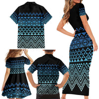 Maori Niho Taniwha Te Wheiao Family Matching Short Sleeve Bodycon Dress and Hawaiian Shirt Moana Blue - Polynesian Pride