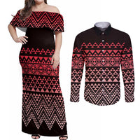Maori Niho Taniwha Te Wheiao Couples Matching Off Shoulder Maxi Dress and Long Sleeve Button Shirt Terracotta - Polynesian Pride