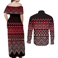 Maori Niho Taniwha Te Wheiao Couples Matching Off Shoulder Maxi Dress and Long Sleeve Button Shirt Terracotta - Polynesian Pride