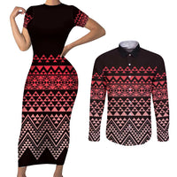 Maori Niho Taniwha Te Wheiao Couples Matching Short Sleeve Bodycon Dress and Long Sleeve Button Shirt Terracotta - Polynesian Pride
