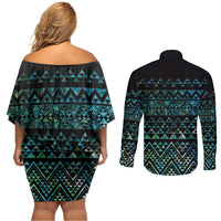 Maori Niho Taniwha Te Wheiao Couples Matching Off Shoulder Short Dress and Long Sleeve Button Shirt Paua Shell - Polynesian Pride