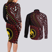 Papua New Guinea Oro Tapa Motif Couples Matching Long Sleeve Bodycon Dress and Long Sleeve Button Shirt Special