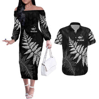 New Zealand Lawn Bowls Personalized Couples Matching Off The Shoulder Long Sleeve Dress and Hawaiian Shirt Wrap-Around Silver Fern - Polynesian Pride