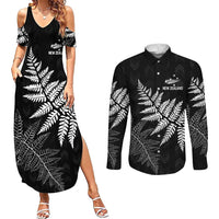 New Zealand Lawn Bowls Personalized Couples Matching Summer Maxi Dress and Long Sleeve Button Shirt Wrap-Around Silver Fern LT7 Black - Polynesian Pride