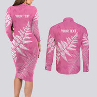 New Zealand Lawn Bowls Breast Cancer Personalized Couples Matching Long Sleeve Bodycon Dress and Long Sleeve Button Shirt Wrap-Around Silver Fern - Polynesian Pride